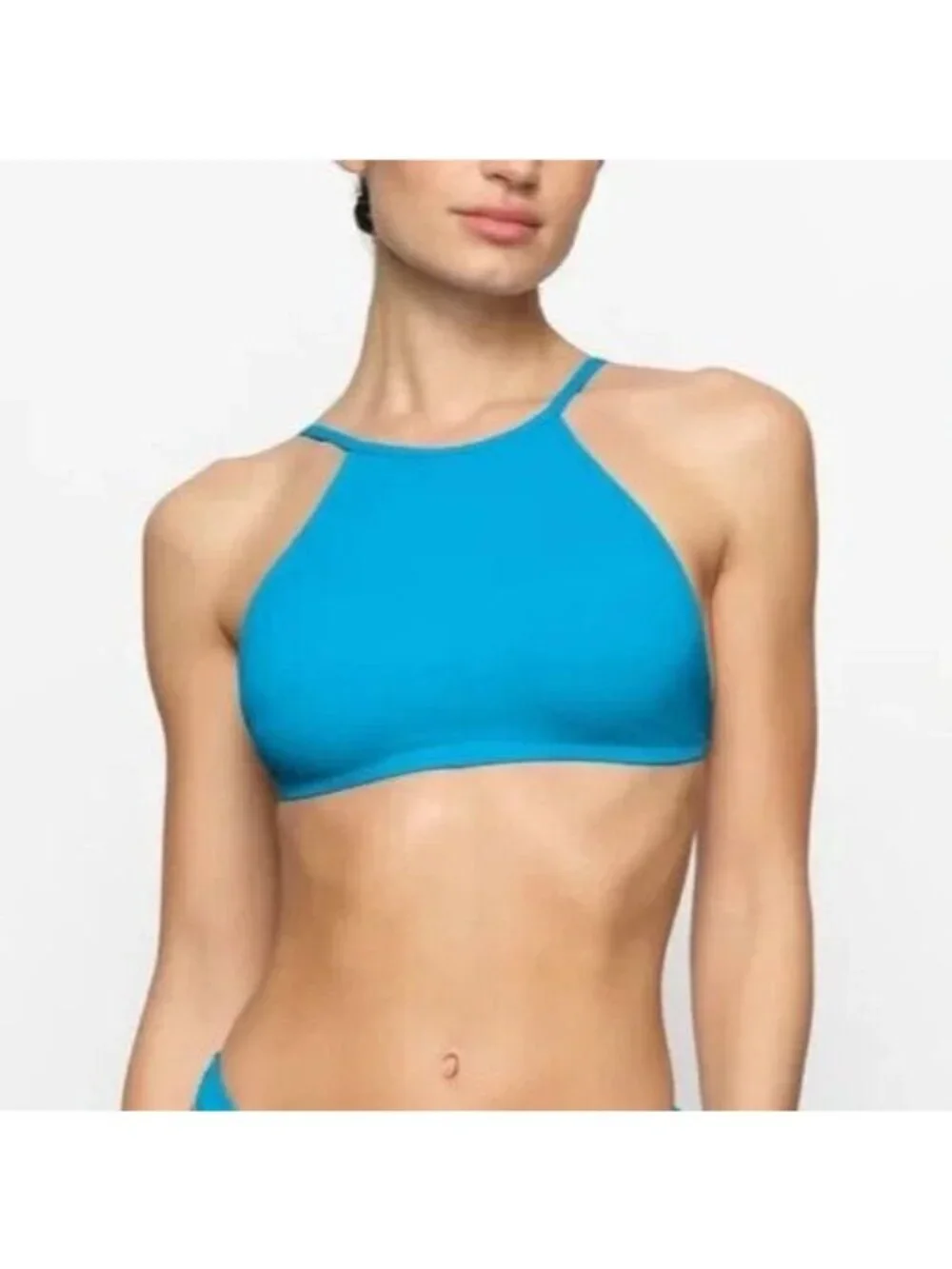 SKIMS Women's Turquoise Blue Swim High Neck Tie Back Bikini Top Size Small NWT